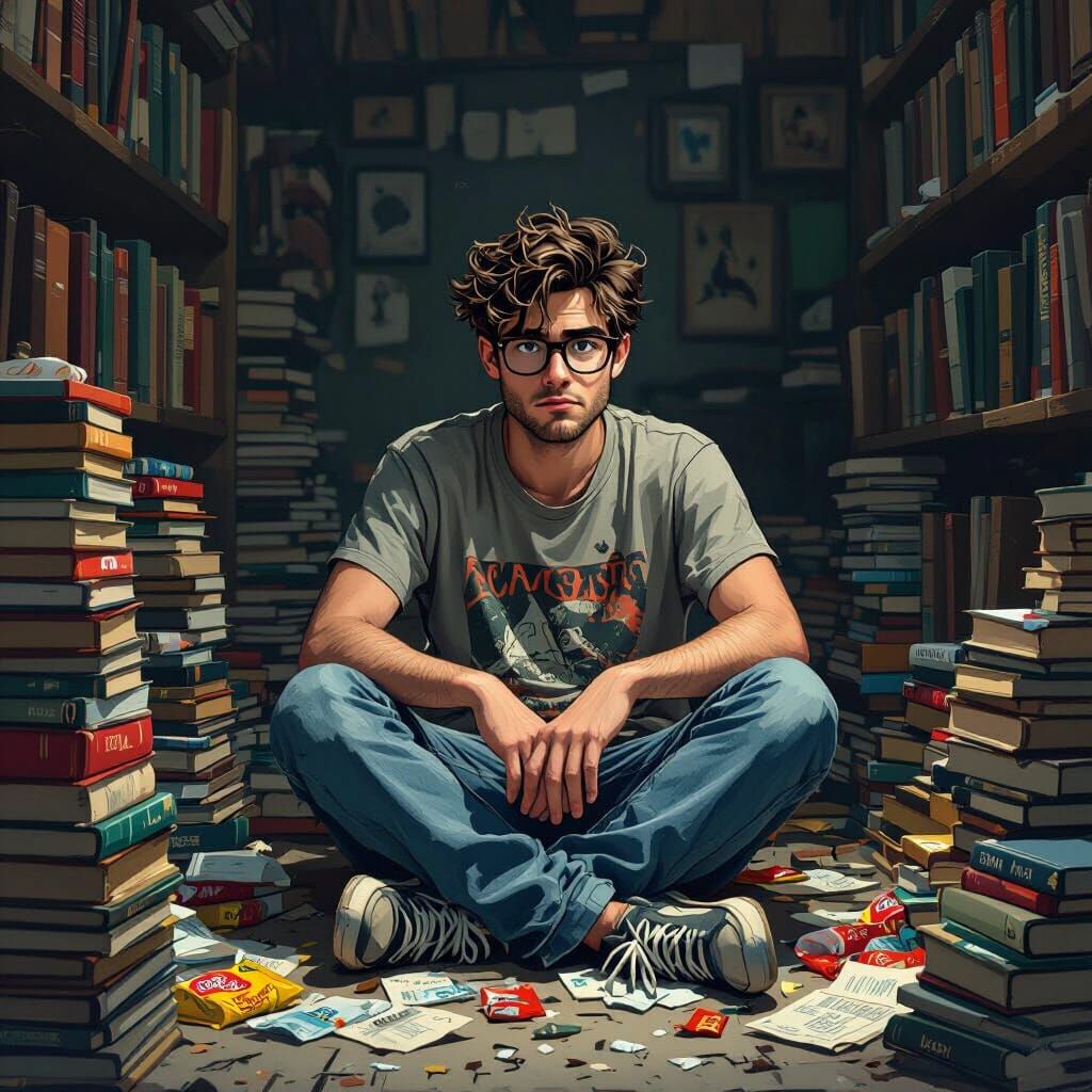 Socially Awkward Nerd in Cluttered Room Illustration