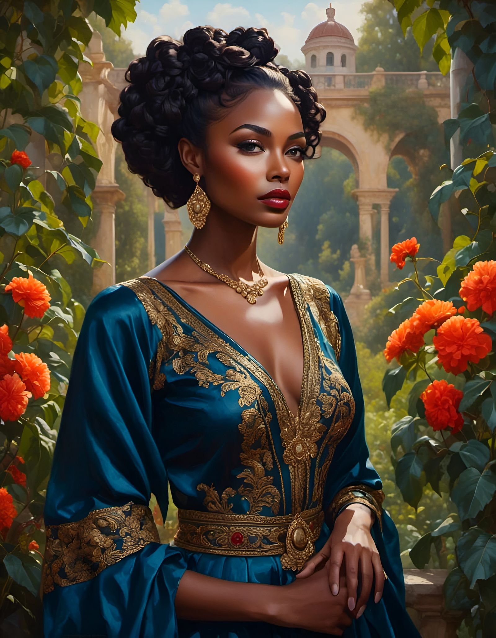 Detailed Portrait: African Woman in Garden Setting