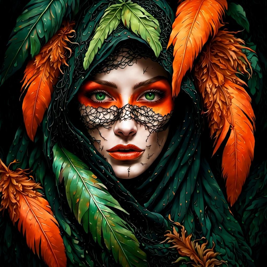 Mysterious Woman Veiled in Feathers: Hyperrealist Digital Ar...