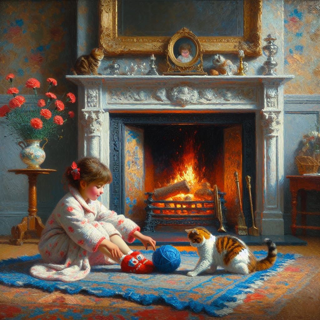Child with Cat by Fireplace: Oil Painting Style
