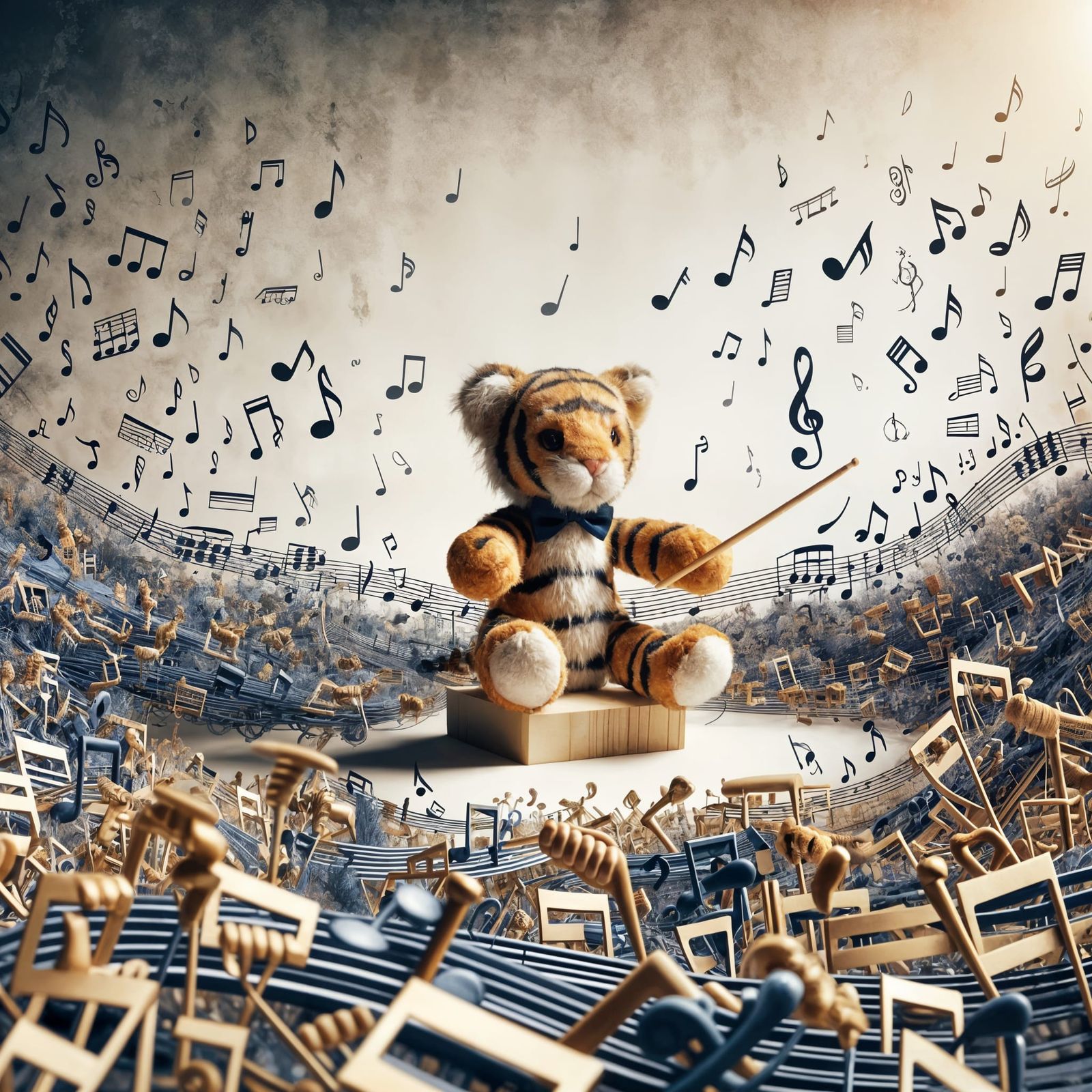 Surreal Musical Notescape with Tiger Cub Conductor