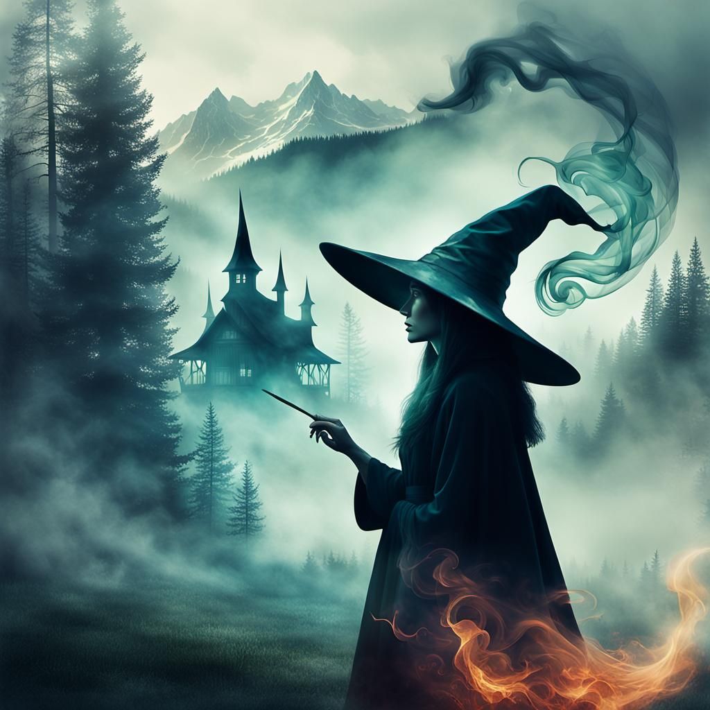 Double Exposure Witch with Mountain Landscape