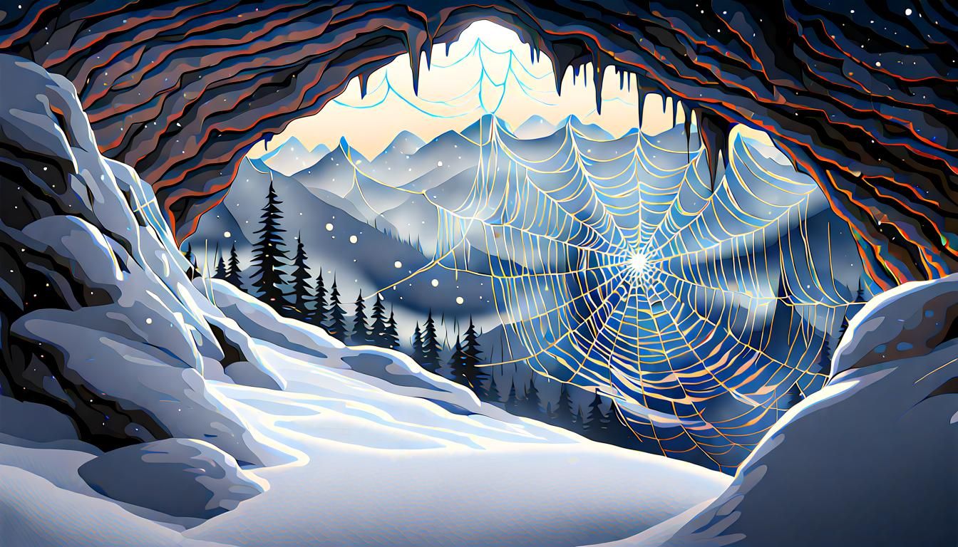 Winter Mountain Cave in Blizzard with Frosty Web