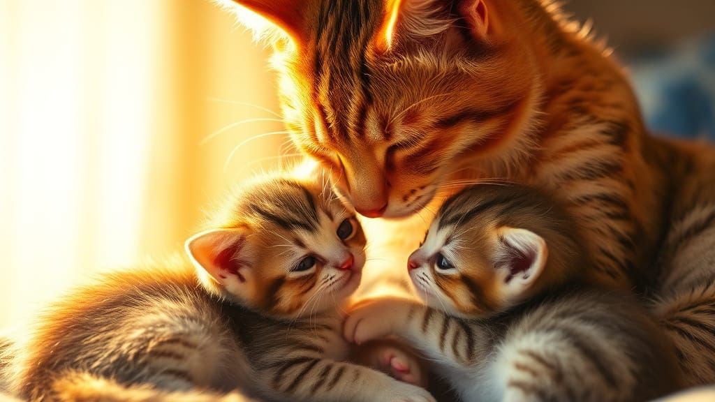 Mother Cat Tends to Her Kittens in Warm Golden Light