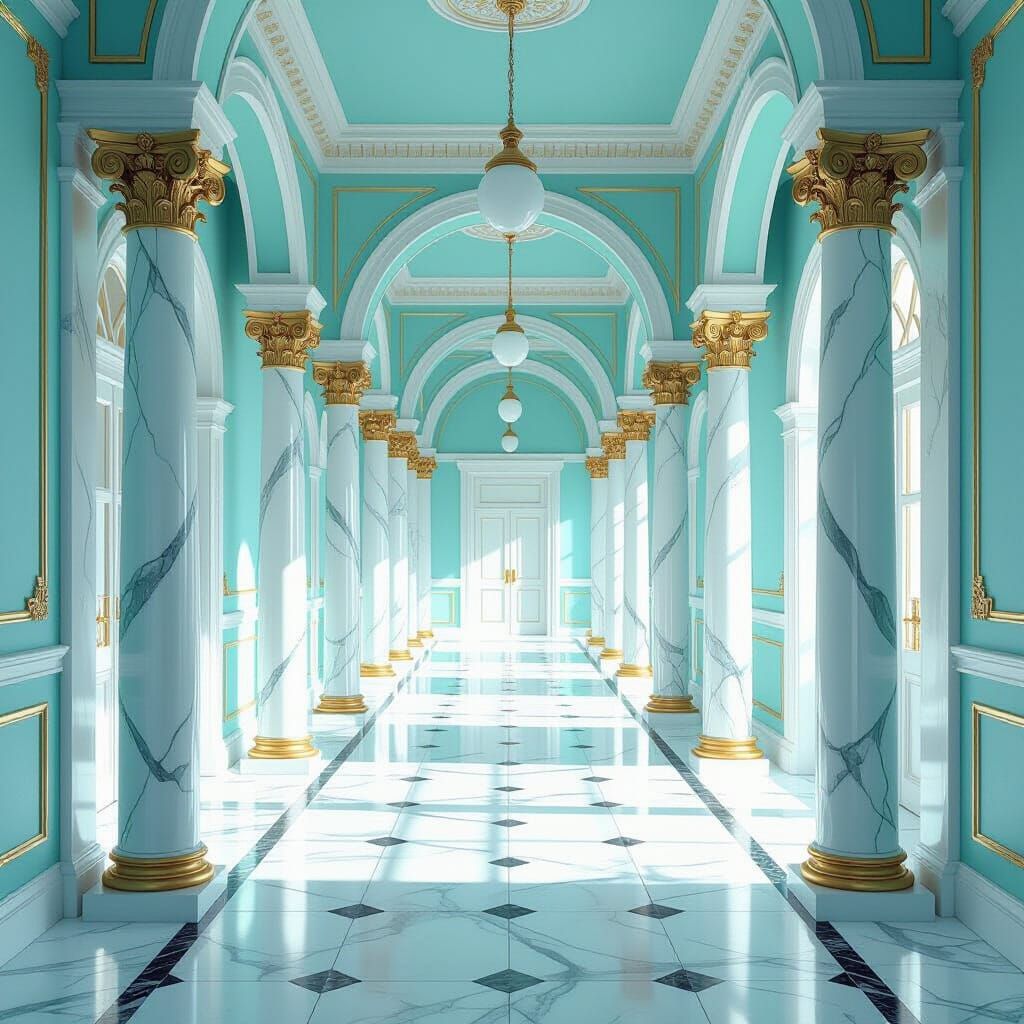 Greek Hallway with Marble Floors and Columns