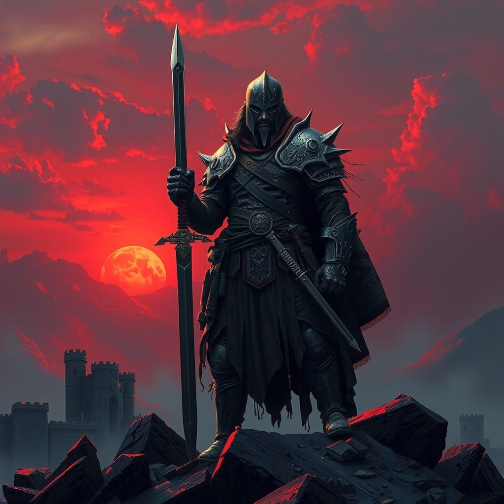 Warrior Silhouette at Sunset in Hyperrealistic Fantasy Style
