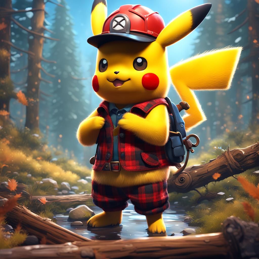 Adorable Lumberjack Pikachu in Detailed Matte Painting