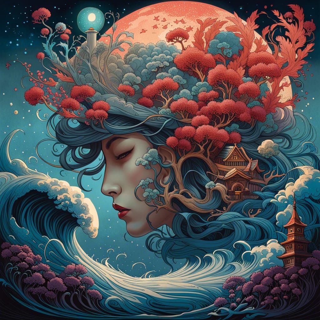 Magic Sea Cherry Blossoms in Fantasy Art Style