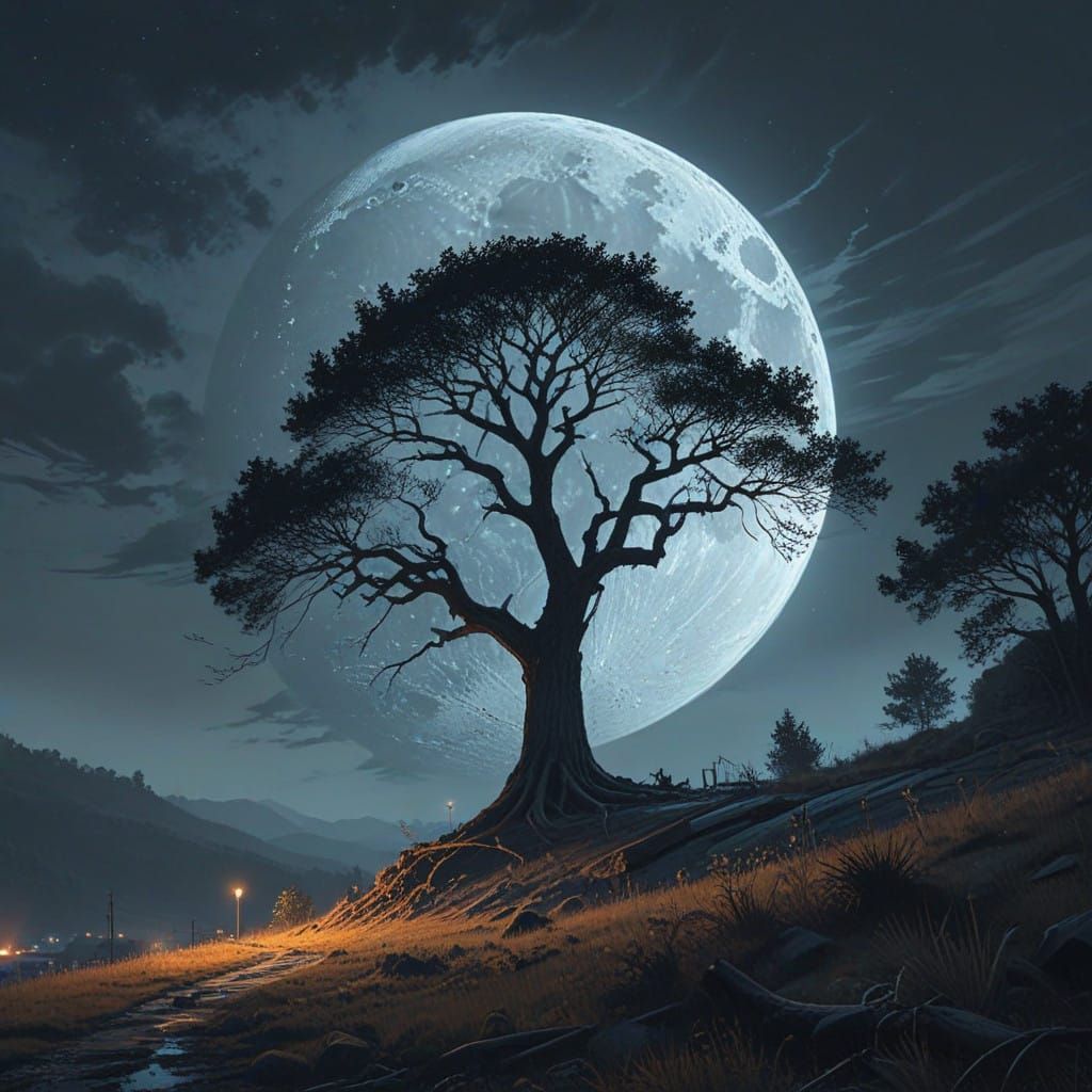 Majestic Lone Tree Under a Brilliant Moonlit Sky