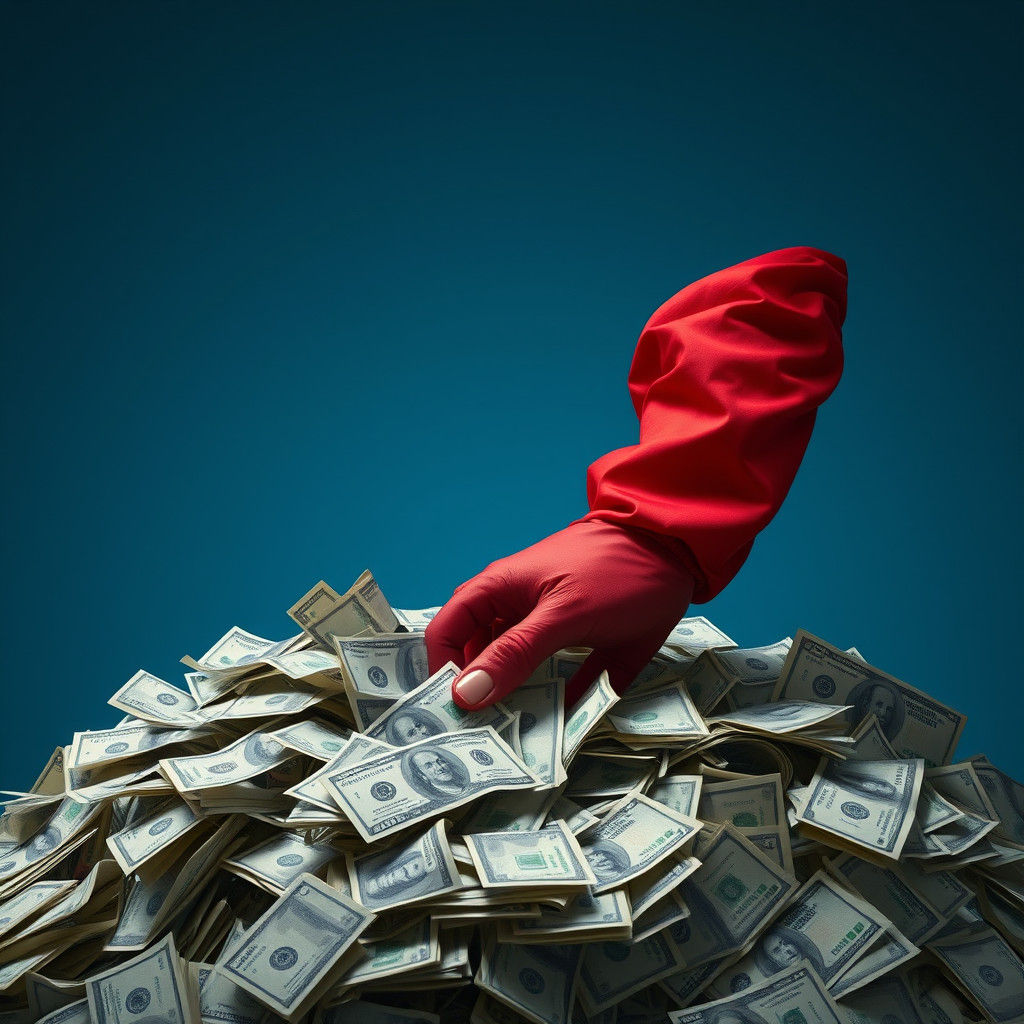 Red Arm Grasping Banknotes in Surreal Style