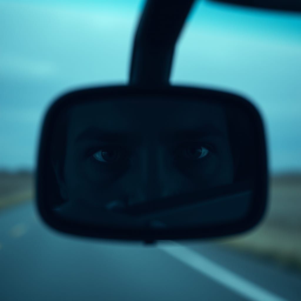 Eyes Gaze Into Rearview Mirror With Subtle Unease