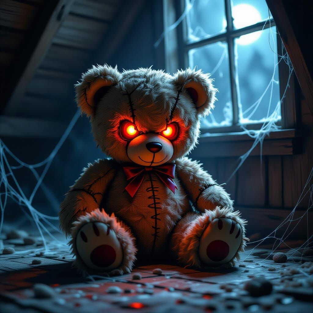 Sinister Teddy Bear with Glowing Ember Eyes in Dusty Attic
