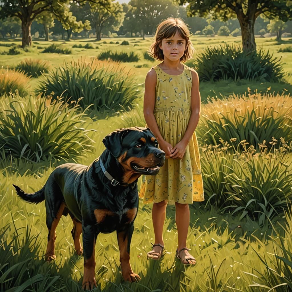 Girl and Rottweiler in Hyperrealistic Style