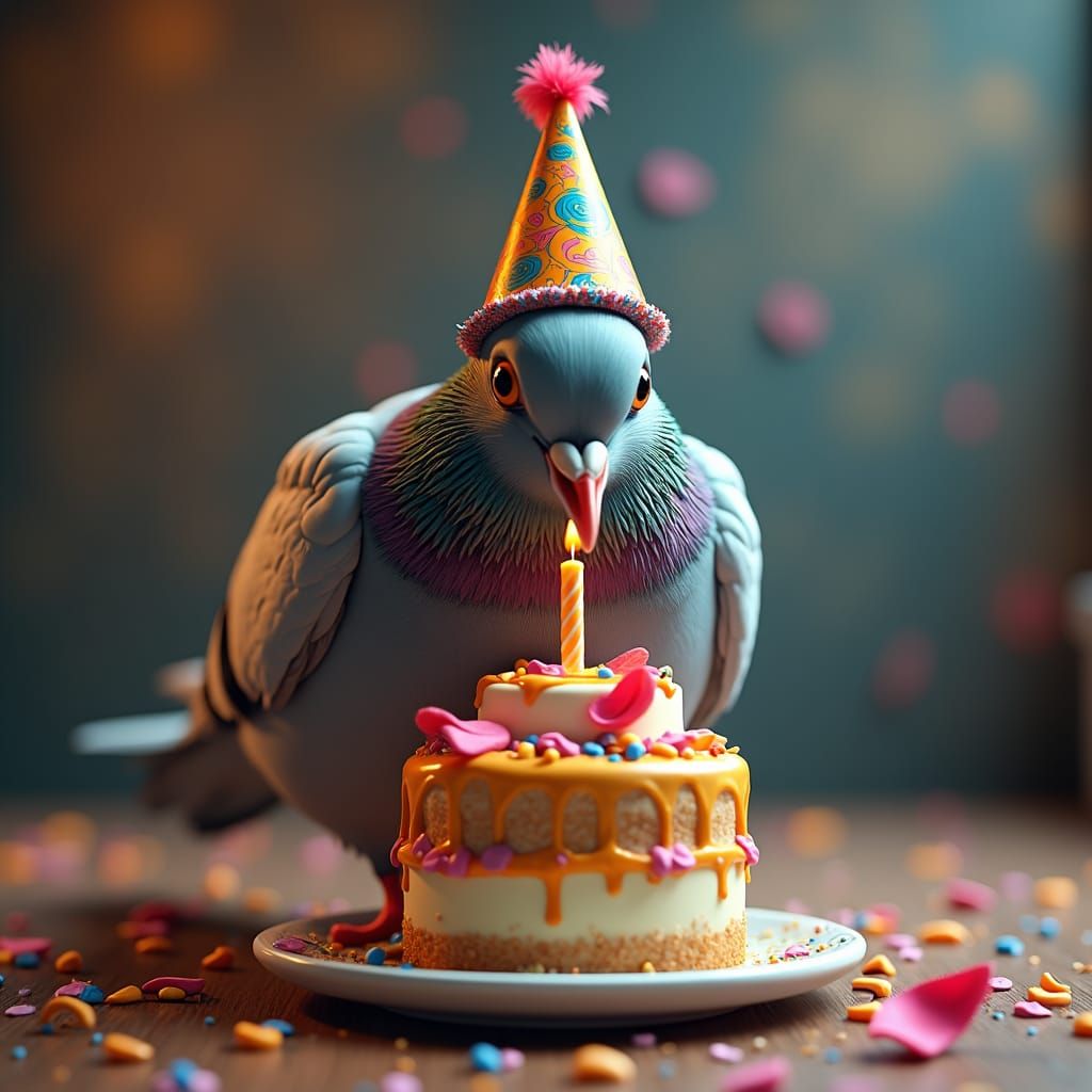 Detailed Pigeon Celebrates Birthday as Digital Art