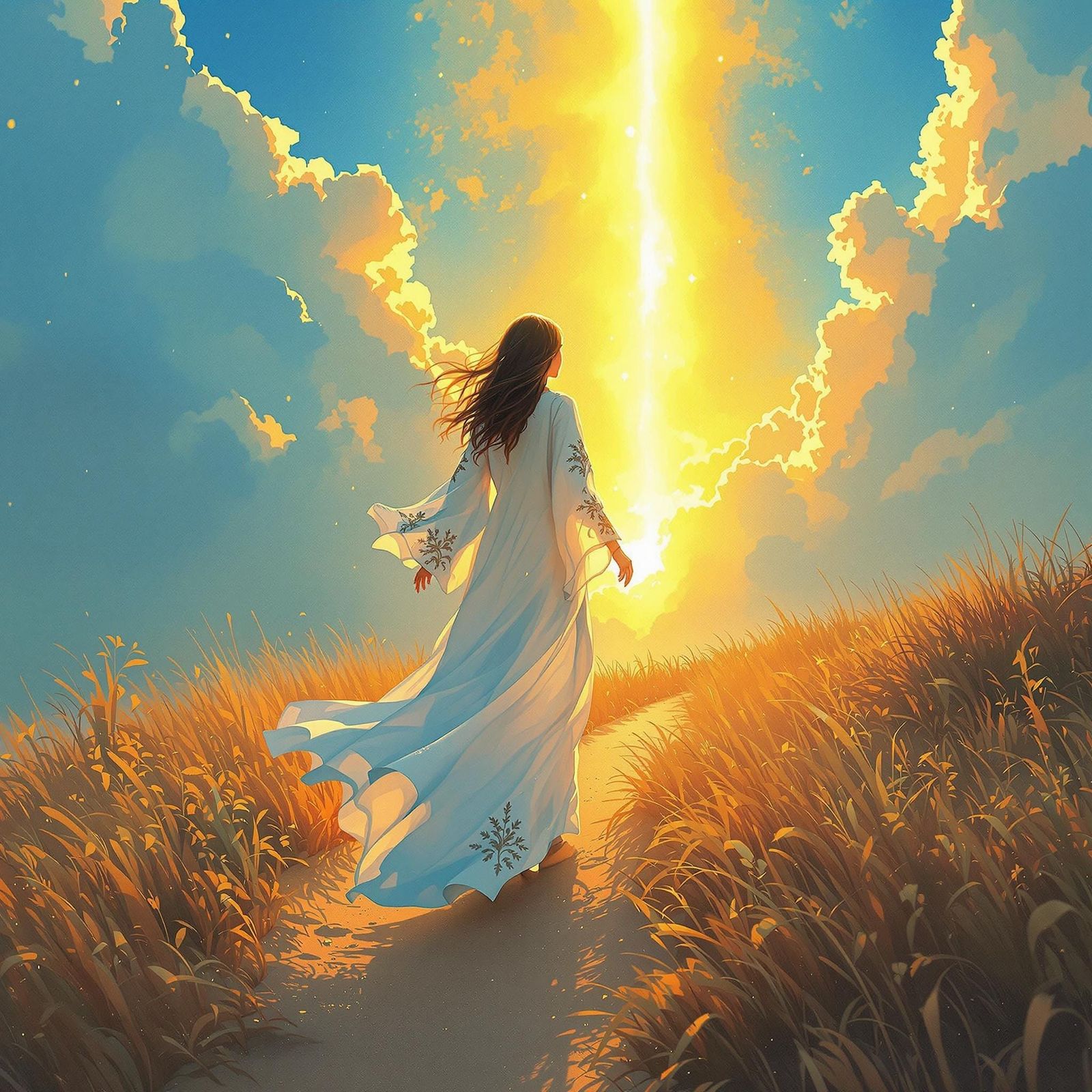 Woman in White Robes Under Golden Light