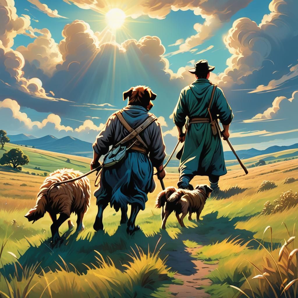 Shepherd Dog and Man on Grassy Plains in Comic Art