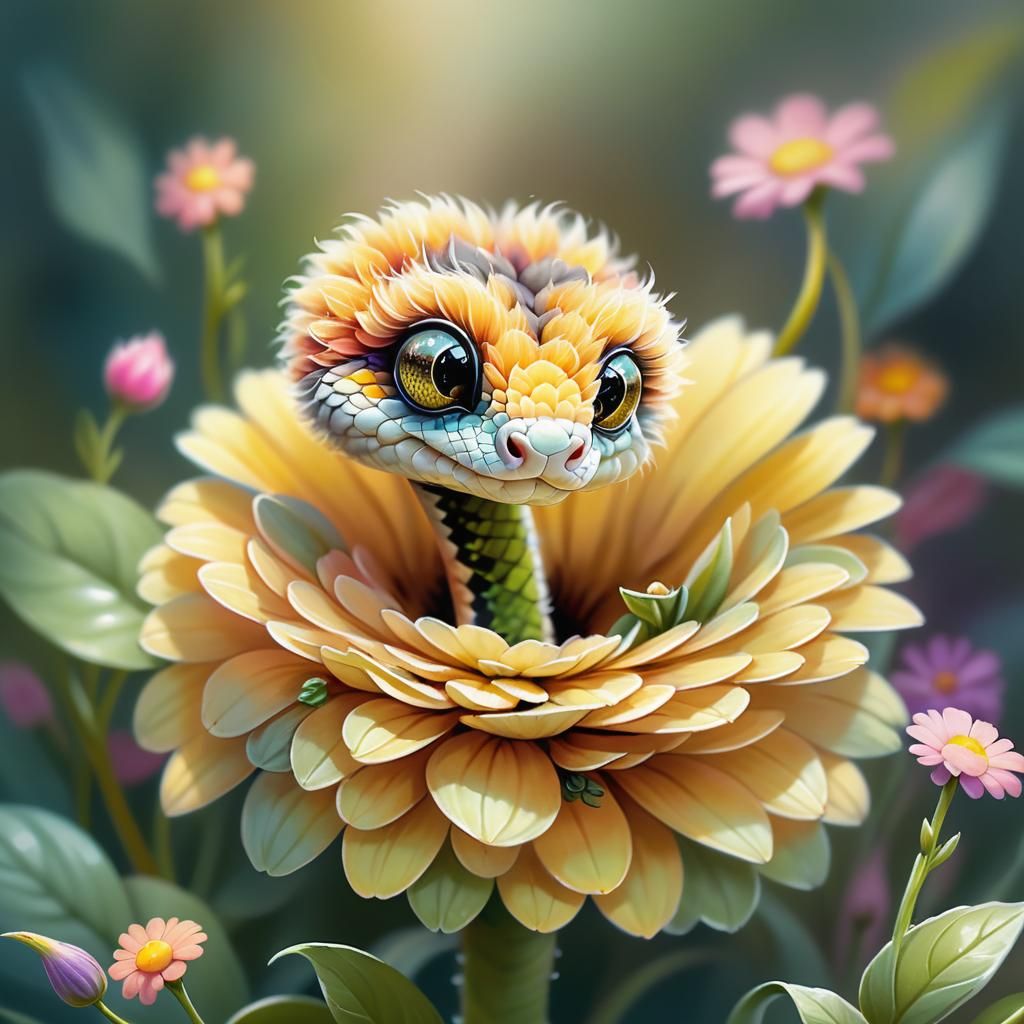 Cute Baby Snake Peeking from Flower, Digital Art