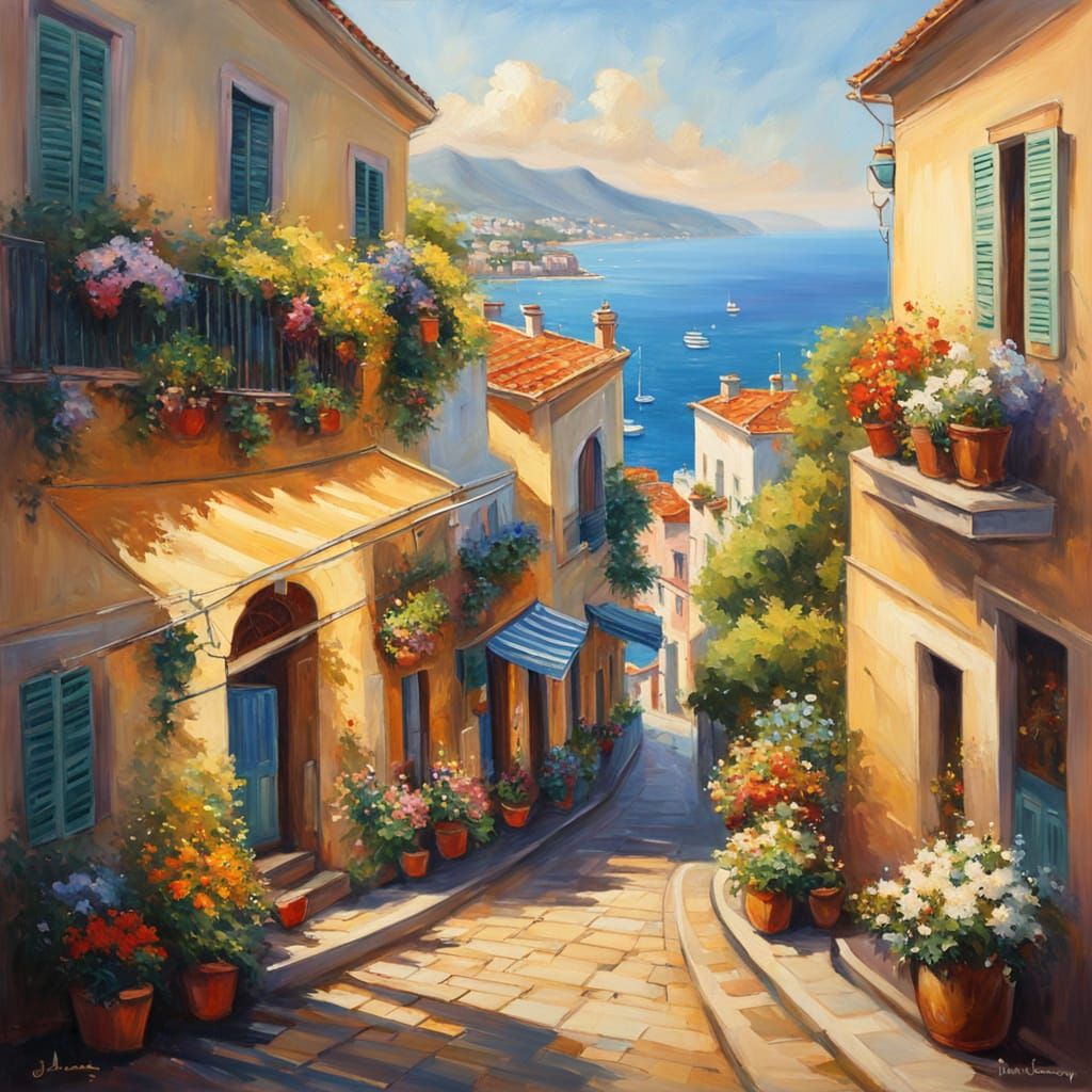 Impressionistic Sorrento Town Overlooking Sea in Golden Ligh...