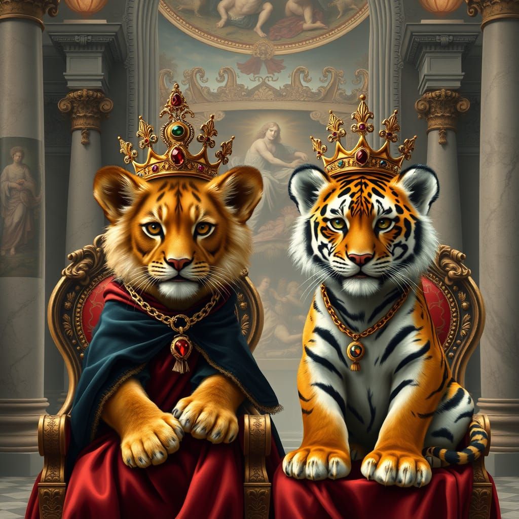 Renaissance Lion and Tiger Cubs on Thrones