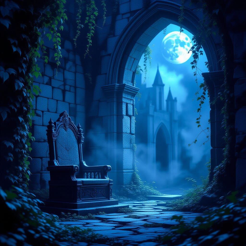 Abandoned Throne in Misty Castle Courtyard