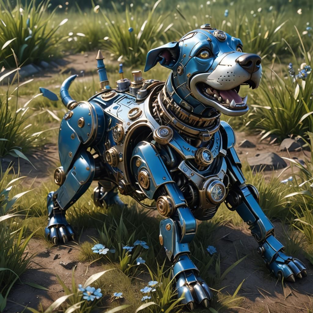 Cute blue steampunk mechanical dog laying on its back in a f...
