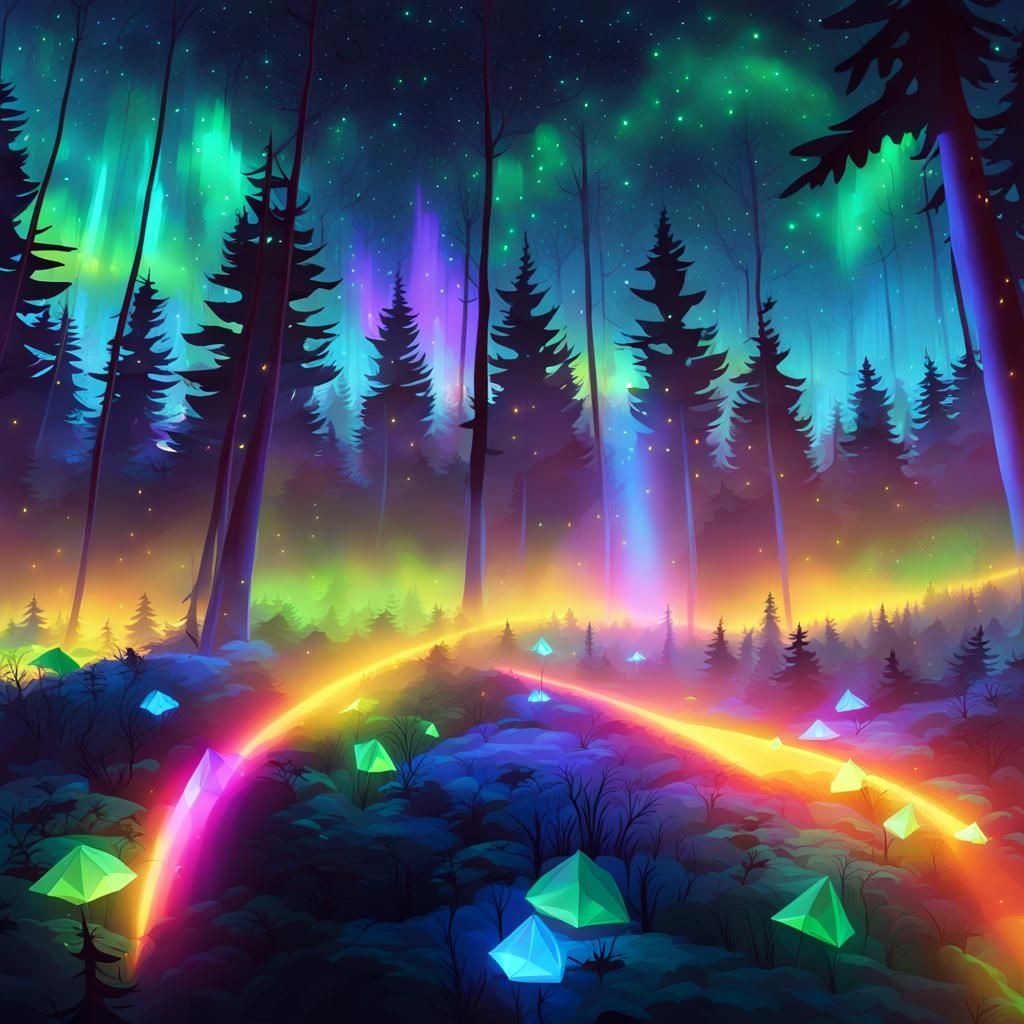 Neon Aurora and Fireflies in Low-Poly Forest