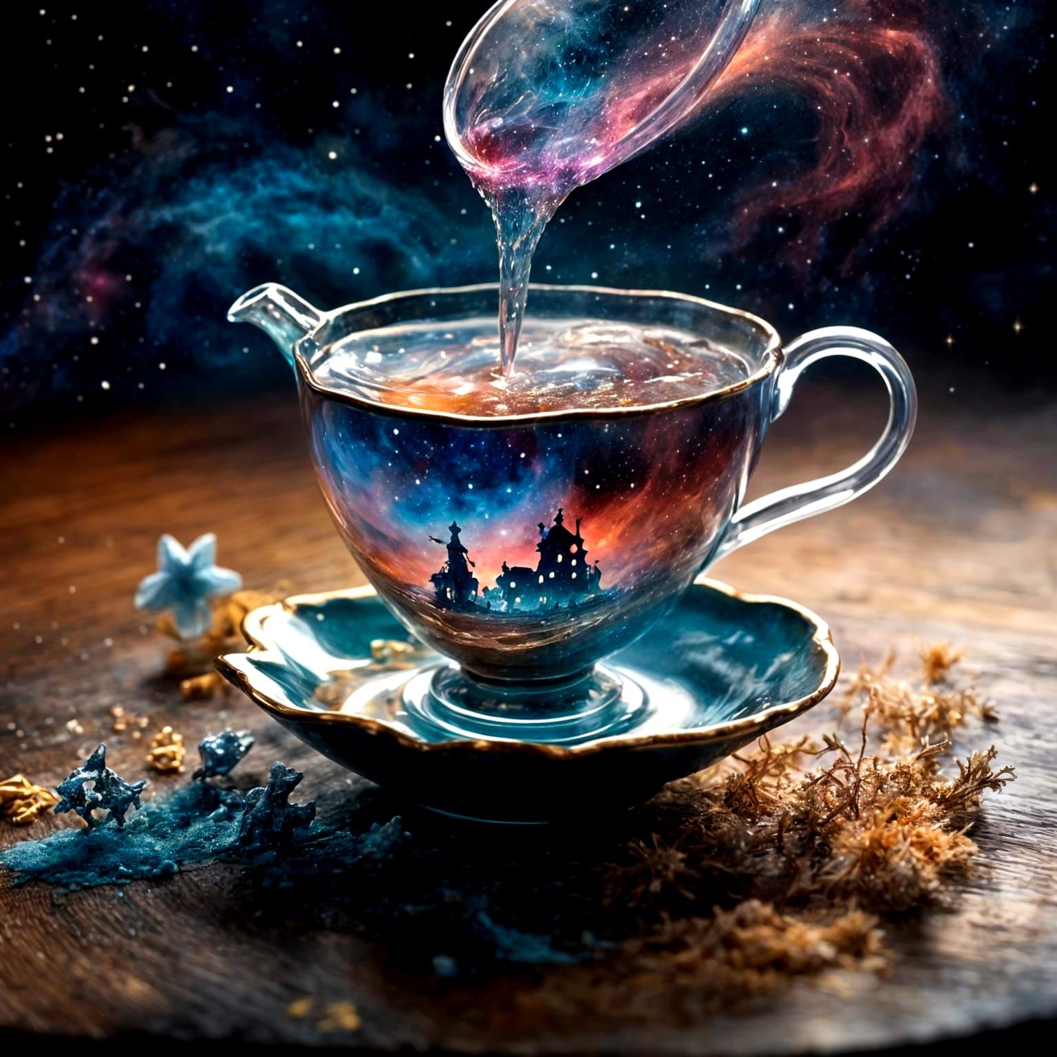Galaxy Brew: Ethereal Teapot Pouring Cosmic Tea