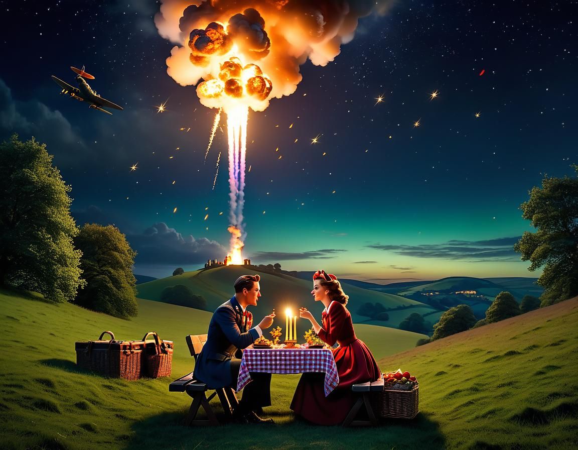 Lovers' Picnic Interrupted by WWII Bombers, Disney Style