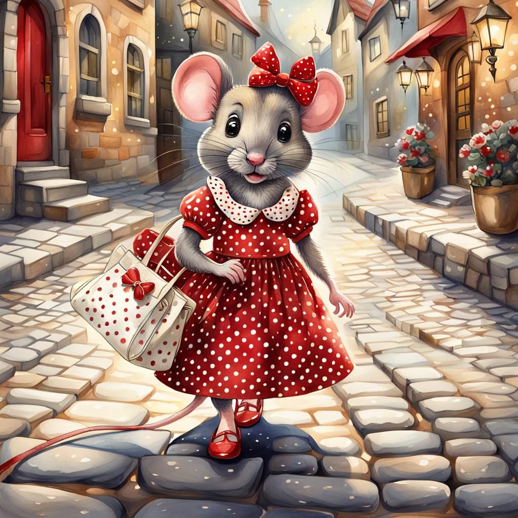 Charming Mouse in Red Dress, Whimsical Watercolor Illustrati...
