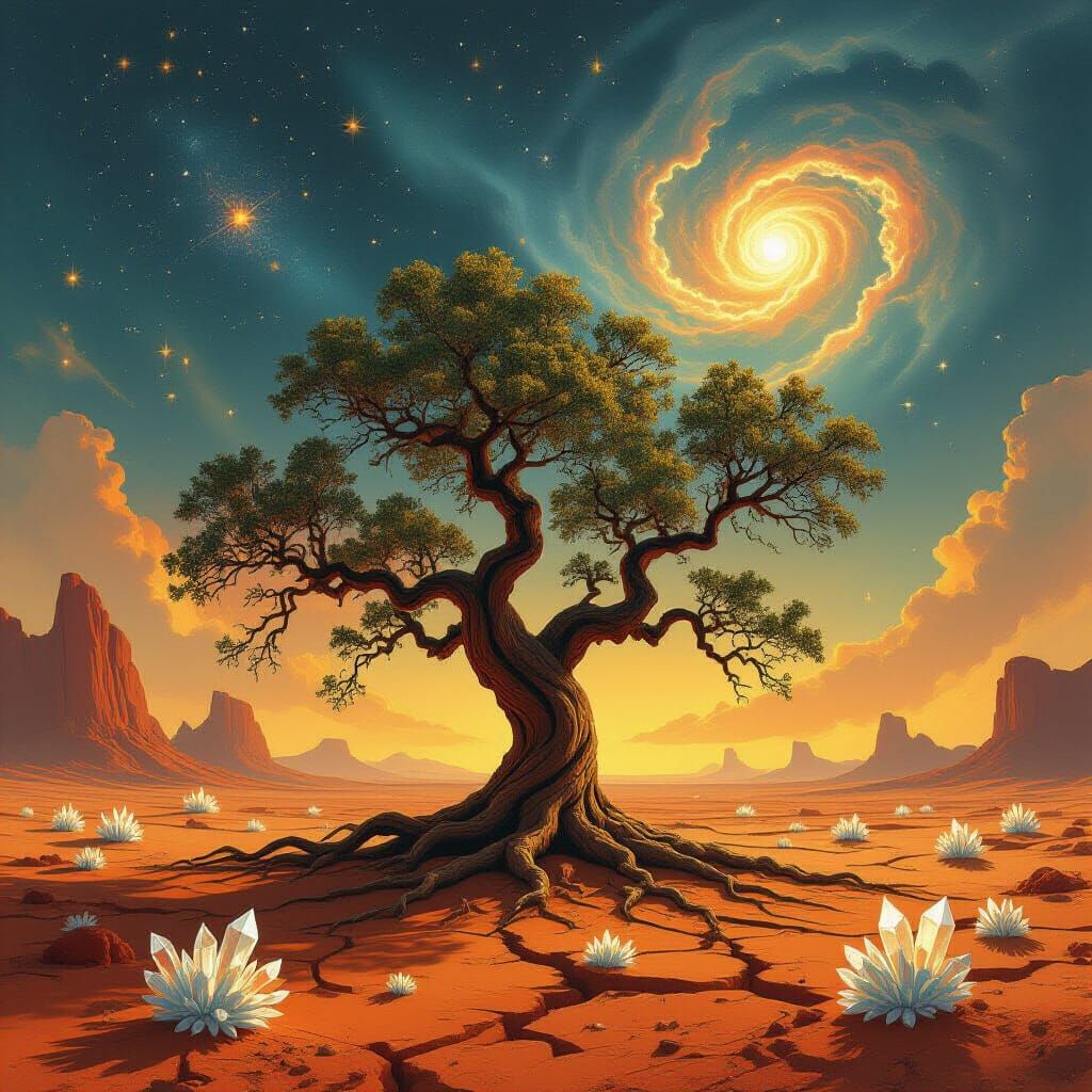 Ancient Oak on Alien Planet Under Swirling Nebulae