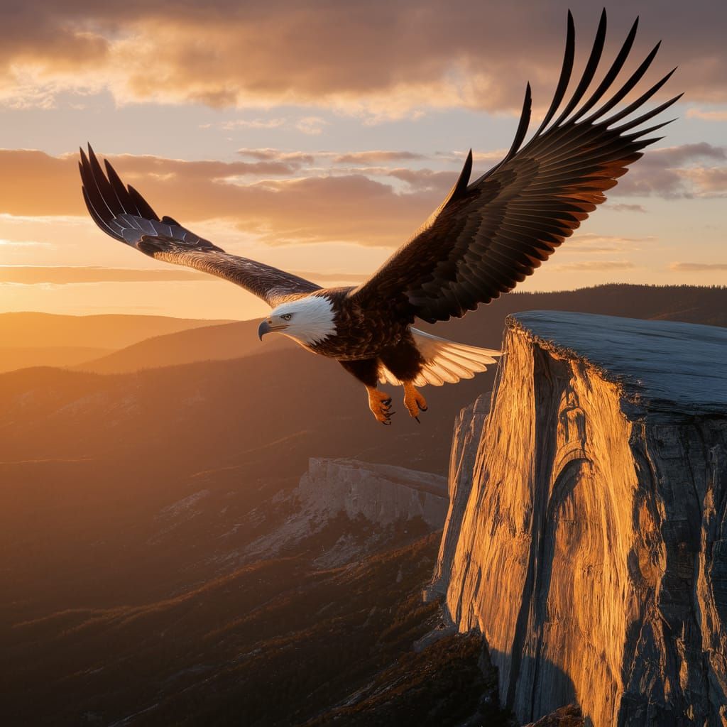 Majestic Eagle Soaring Over Cliff at Sunset