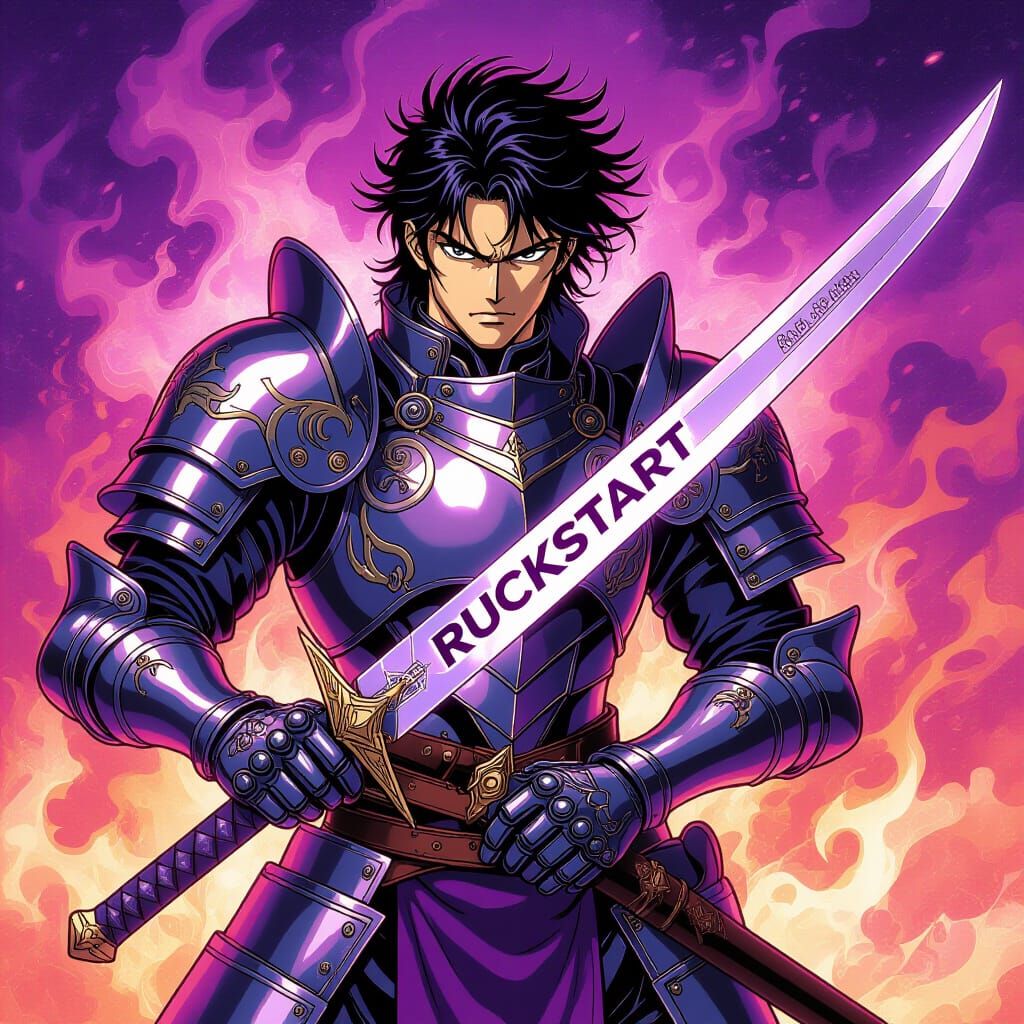 Armored Anime Character with Sword in Fiery Scene