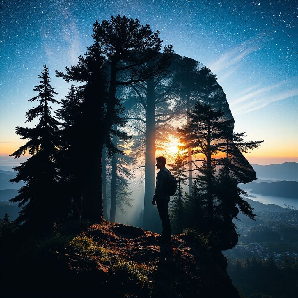 Cosmic Forest Dreamscape in Double Exposure Art
