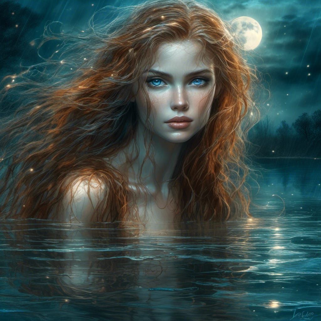 Woman Emerges from Moonlit Lake, Royo Style