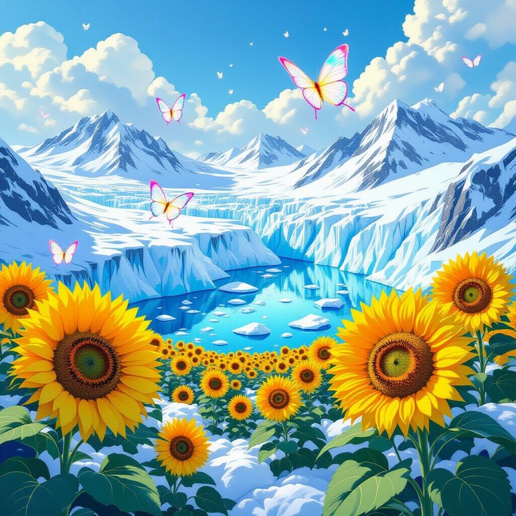 Icebergs and Sunflowers with Glowing Butterflies