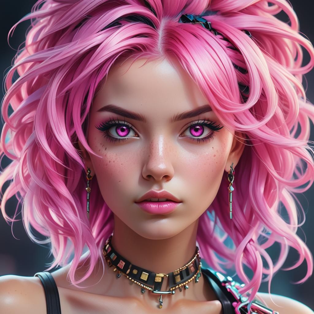 Pink-Haired Fashionista Portrait in Digital Art Style