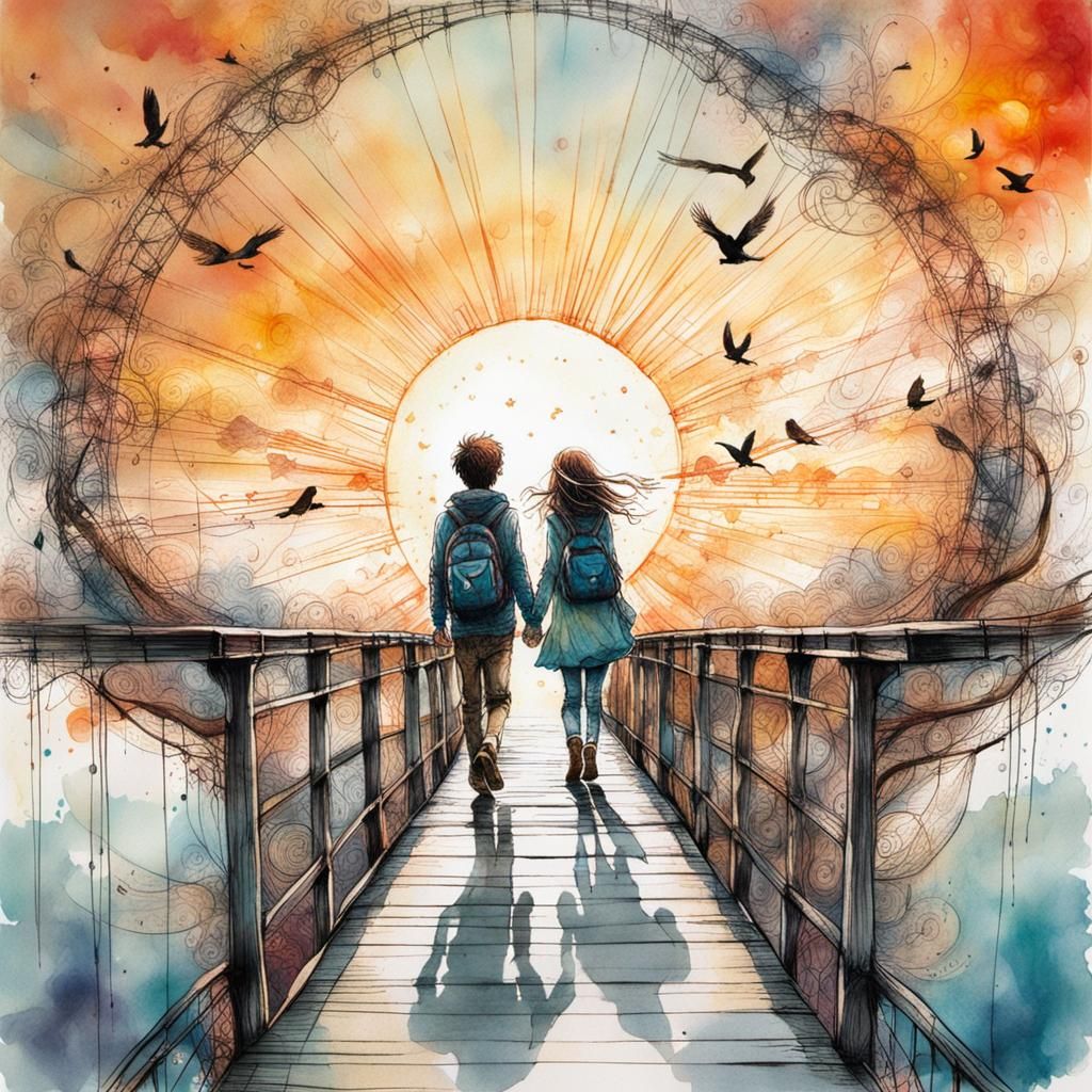 Whimsical Sunset: Children on Bridge in Zentangle Style