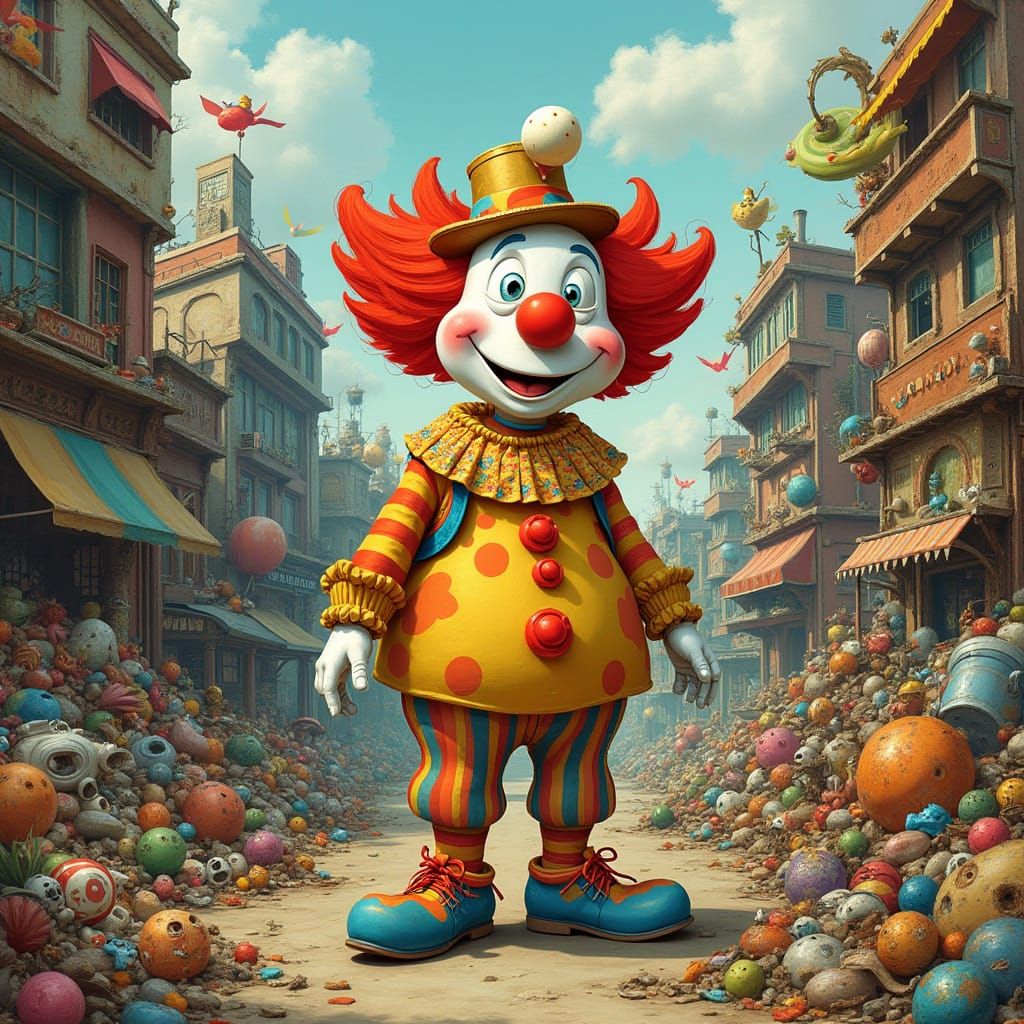 Vintage-Style Clown Surrounded by Whimsical City Dump Treasu...