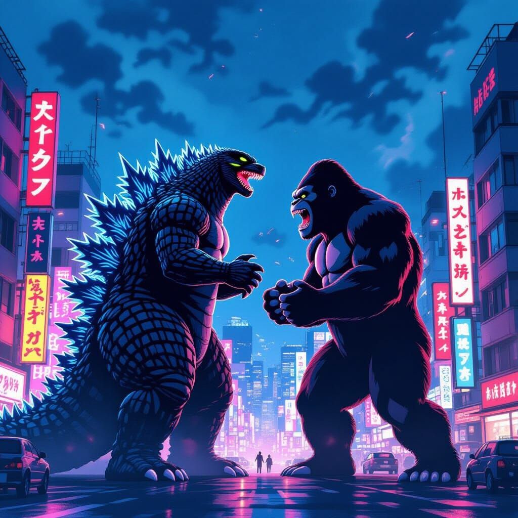 Godzilla and King Kong Fight in Vibrant Anime Tokyo