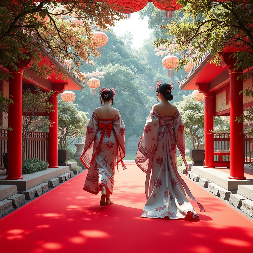 Women in Party Dresses on Red Carpet in Japanese Garden
