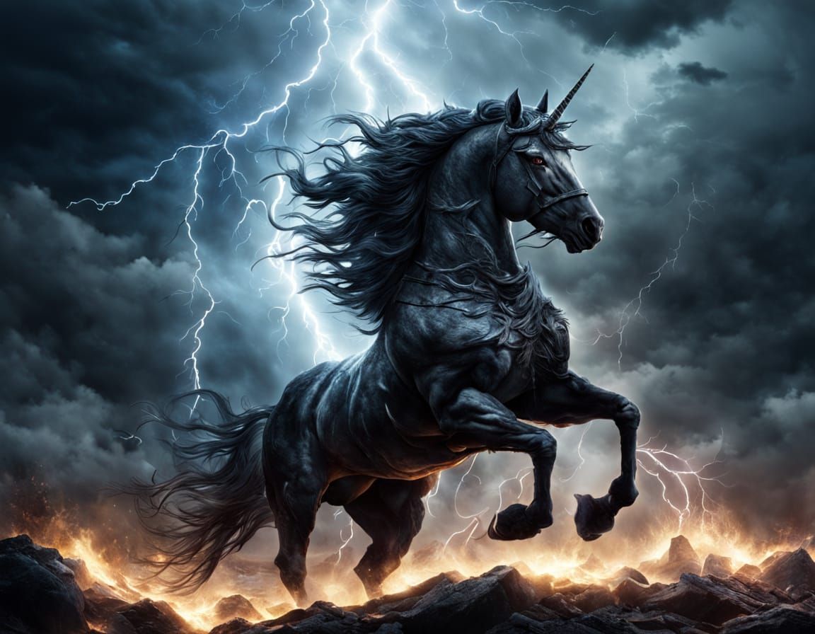 Dark Unicorn Surrounded by Spirits in Thunderstorm