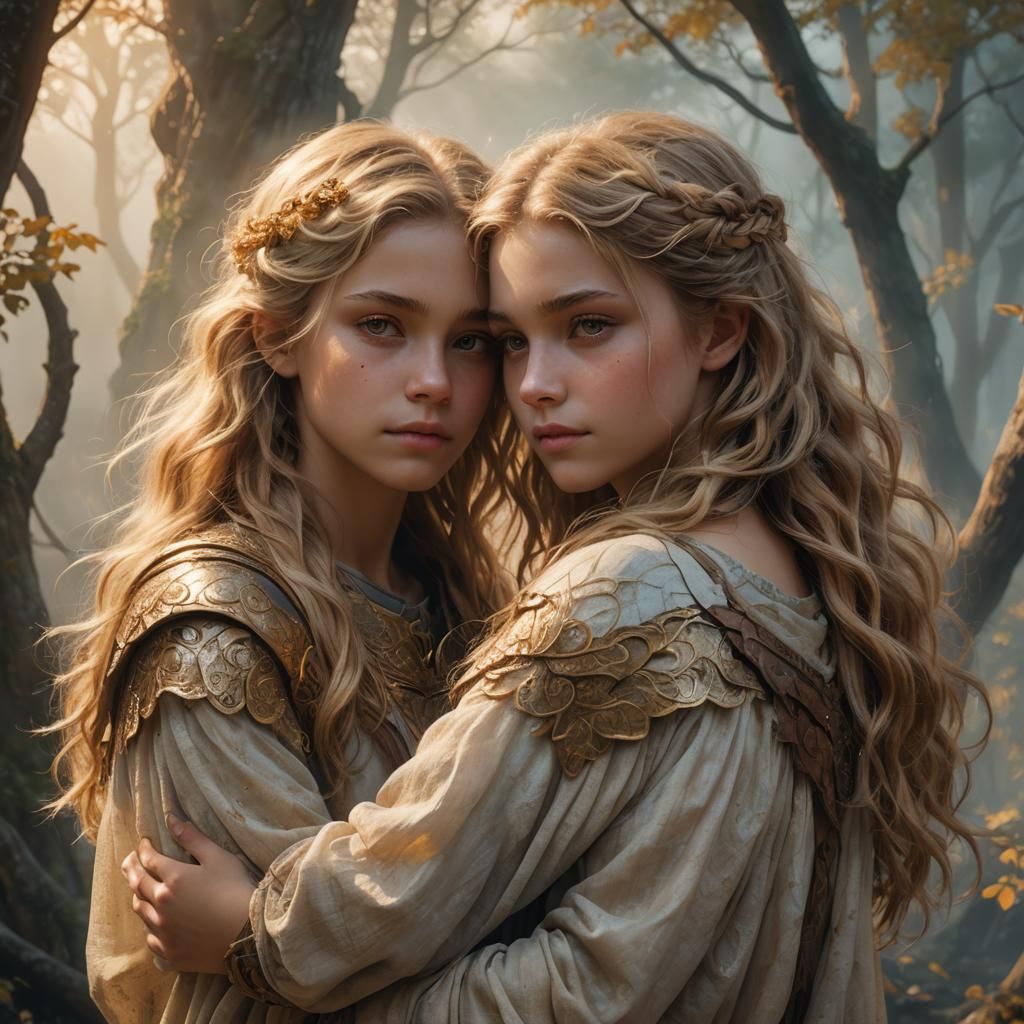 Enchanting Snuggle: Ethereal Girls in Fantasy Landscape