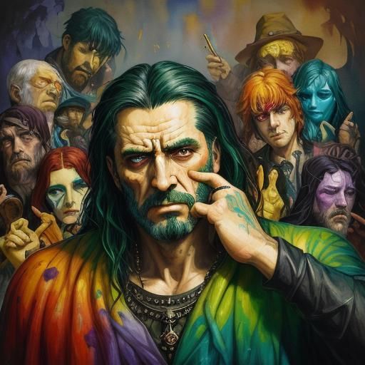 Distressed Man Surrounded by Taunting Heads: Surreal Oil Pai...