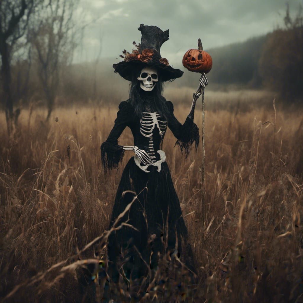 Cute Skeleton Witch in Field: Matte Painting