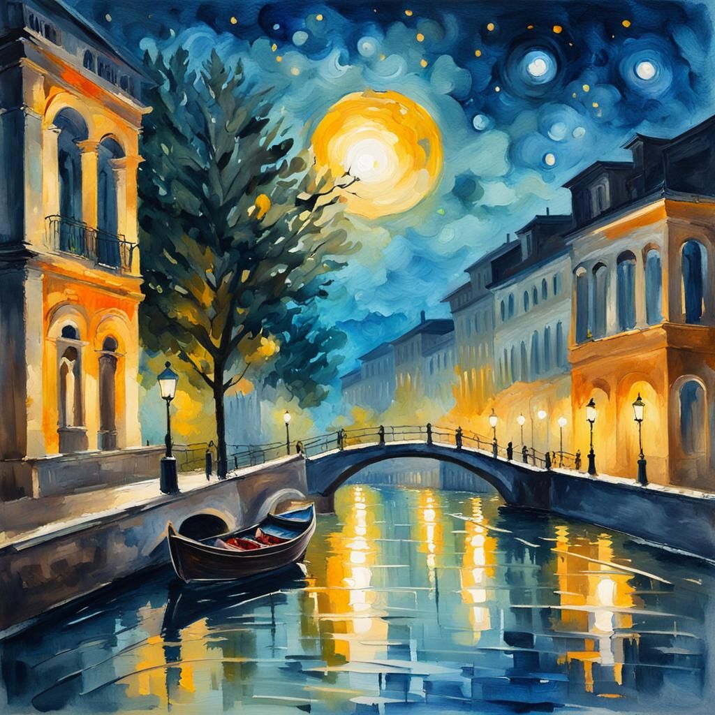 Romantic Night in Gouache and Watercolor Style