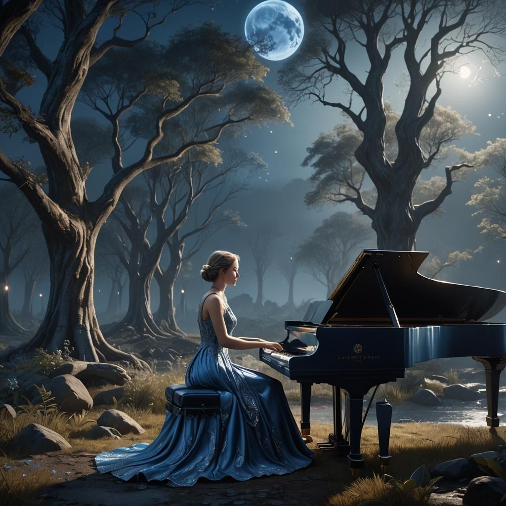 Woman Plays Piano in Moonlit Clearing: Fantasy Art