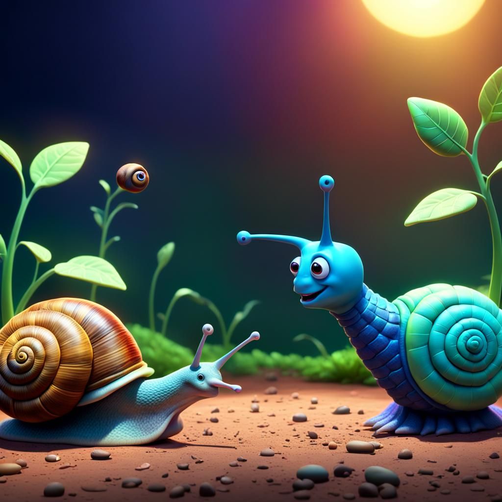 Snail and Worm Chat in Pixar-Style 3D Art