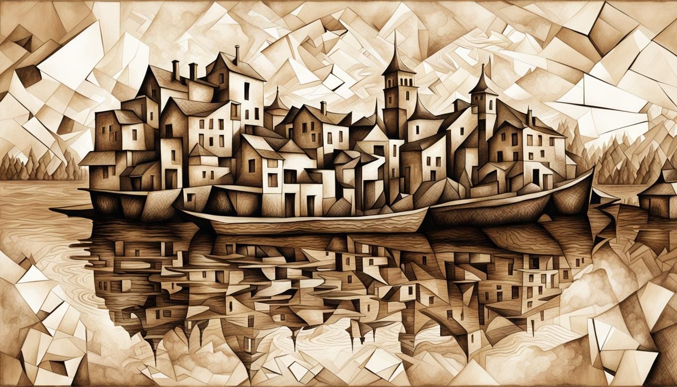Surreal Cubist Drawing in Sepia Tones