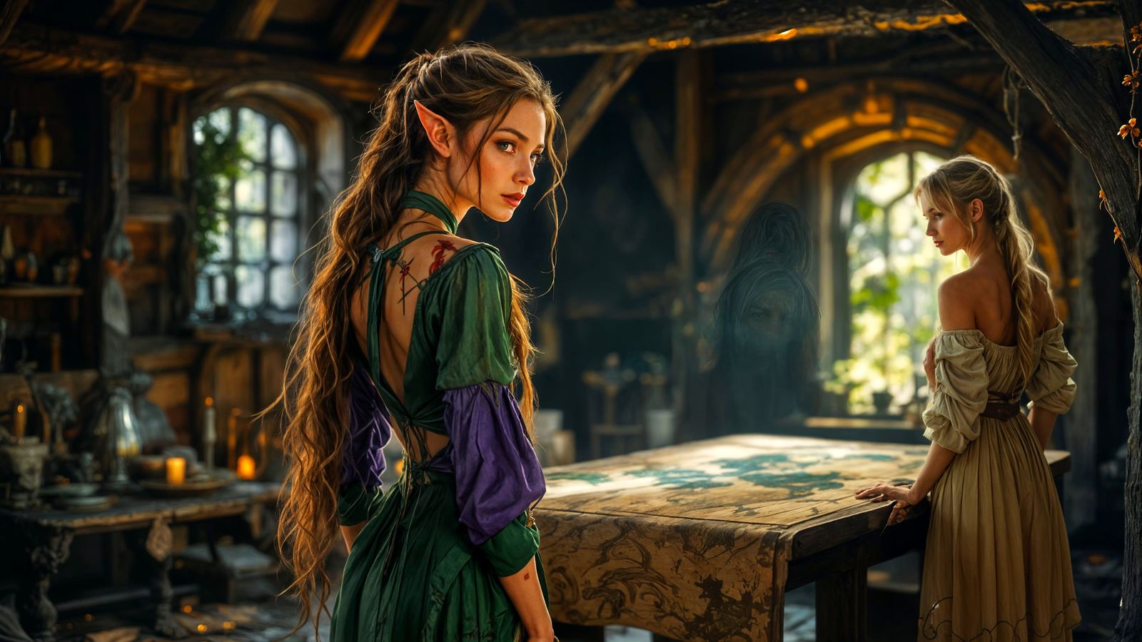 Ethereal Wood Elf in Stained Green Dress Standing Beside a H...