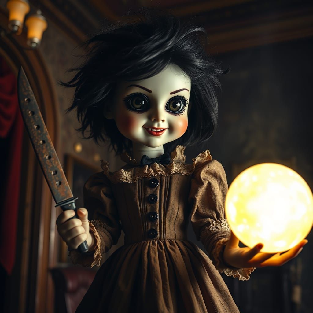 Creepy Doll with Knife in Vintage Theatre